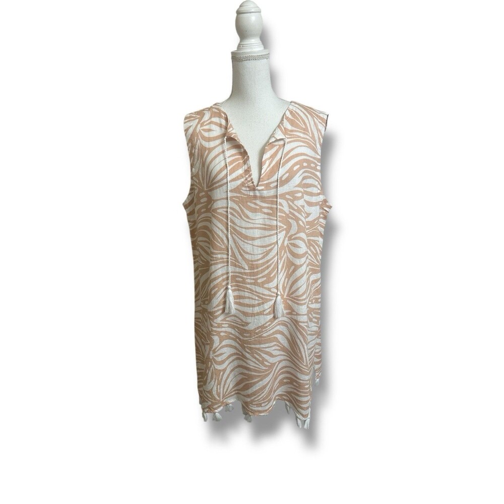 Rachel Zoe Women's L Boho Tan and Cream Zebra Print Linen Cover-Up with Tassels